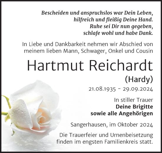 Traueranzeige von Hartmut Reichardt von Trauerkombi Sangerhausen
