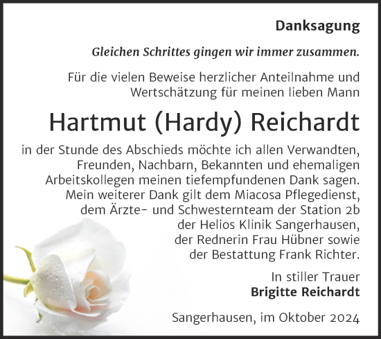 Traueranzeige von Hartmut Reichardt von Trauerkombi Sangerhausen