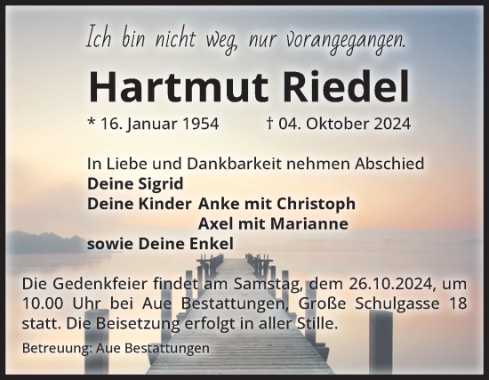 Traueranzeige von Hartmut Riedel von Volksstimme Magdeburg
