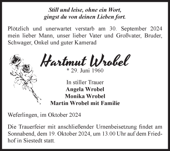 Traueranzeige von Hartmut Wrobel von Volksstimme Haldensleben/Wolmirstedt