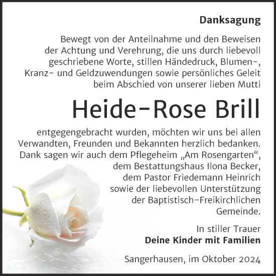 Traueranzeige von Heide-Rose Brill von Trauerkombi Sangerhausen