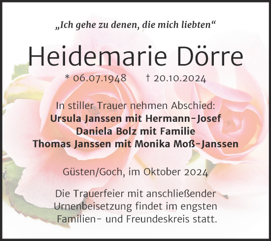 Traueranzeige von Heidemarie Dörre von Volksstimme Staßfurt