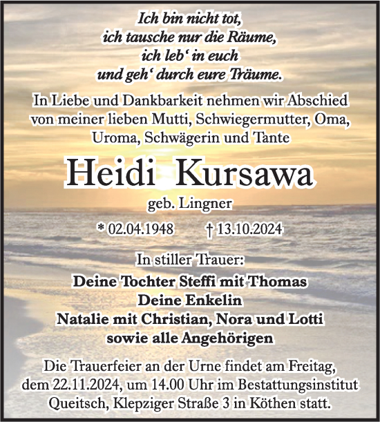 Traueranzeige von Heidi Kursuwa von Trauerkombi Köthen
