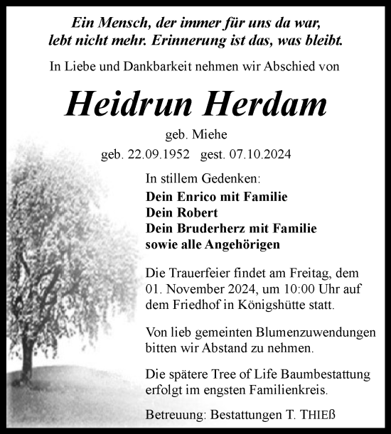 Traueranzeige von Heidrun Herdam von Volksstimme Wernigerode
