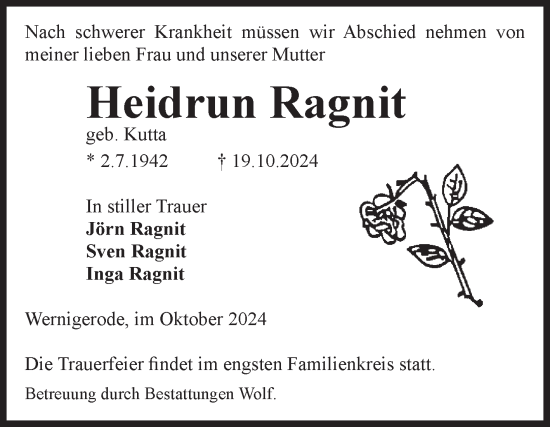 Traueranzeige von Heidrun Ragnit von Volksstimme Wernigerode
