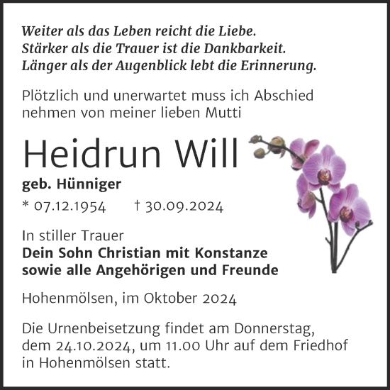 Traueranzeige von Heidrun Will von Trauerkombi Weißenfels