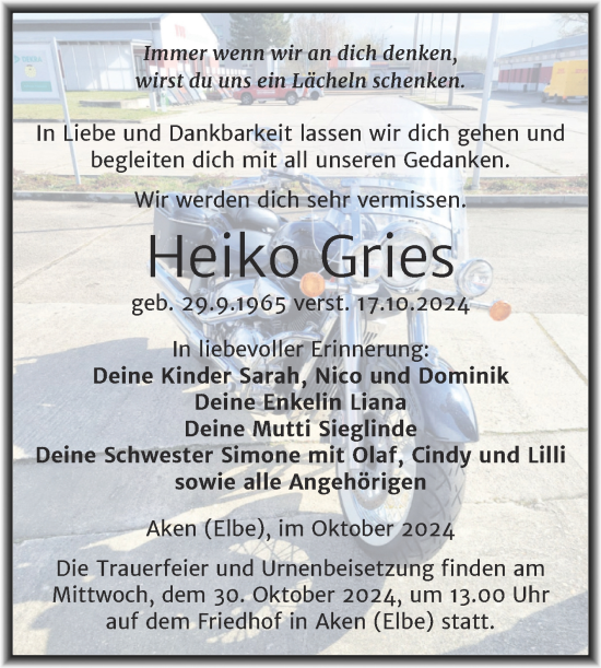Traueranzeige von Heiko Gries von Trauerkombi Köthen