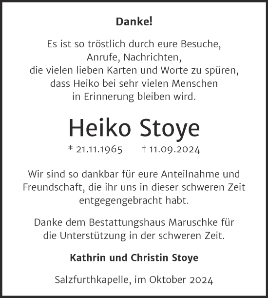 Traueranzeige von Heiko Stoye von Trauerkombi Bitterfeld