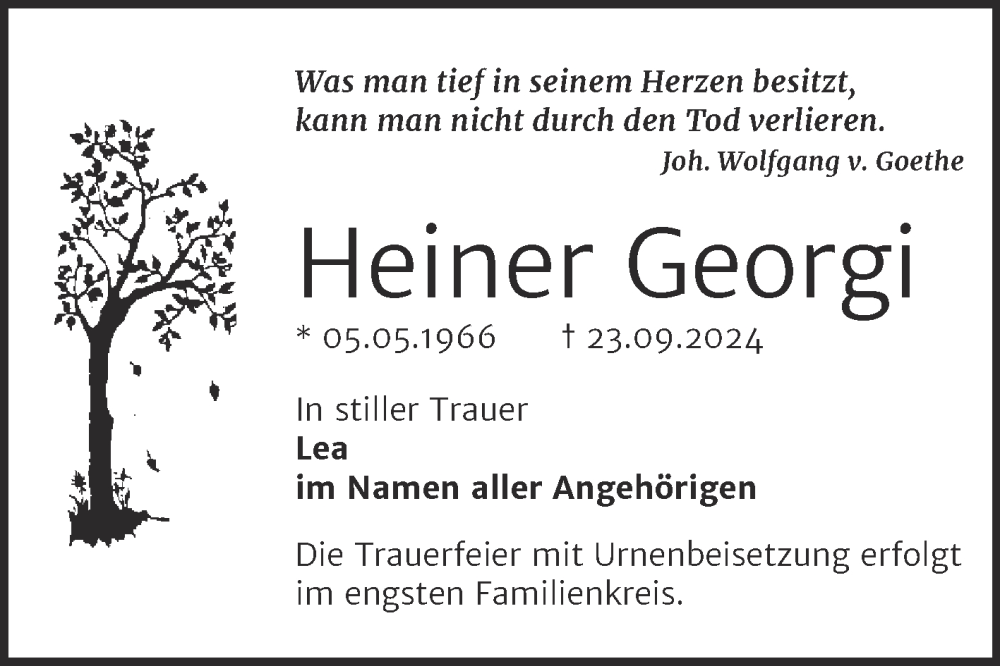  Traueranzeige für Heiner Georgi vom 05.10.2024 aus Trauerkombi Bernburg
