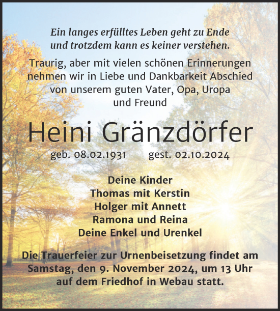 Traueranzeige von Heini Gränzdörfer von Trauerkombi Weißenfels