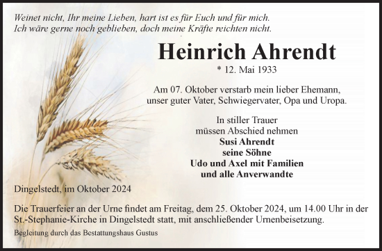 Traueranzeige von Heinrich Ahrendt von Volksstimme Halberstadt