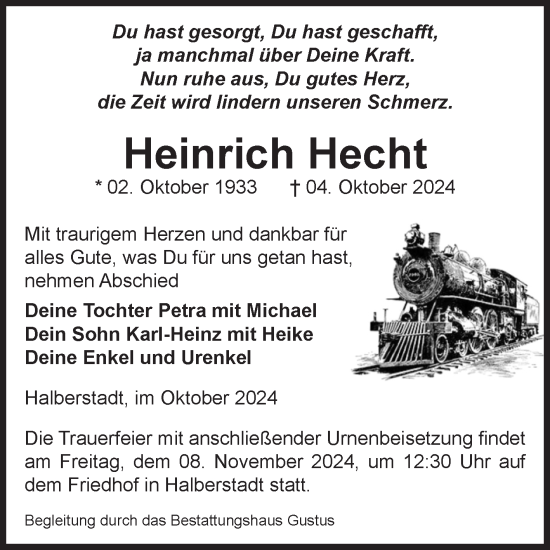 Traueranzeige von Heinrich Hecht von Volksstimme Halberstadt
