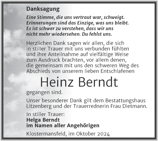 Traueranzeige von Heinz Berndt von Trauerkombi Mansfelder Land