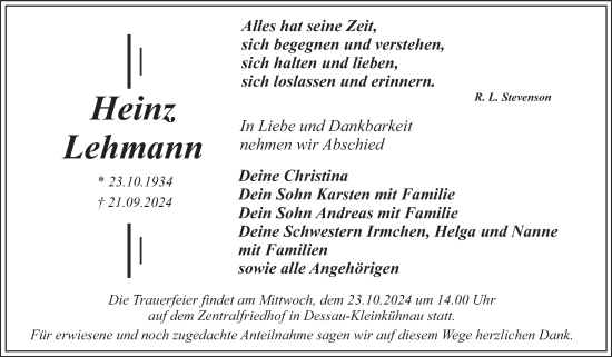 Traueranzeige von Heinz Lehmann von Trauerkombi Dessau
