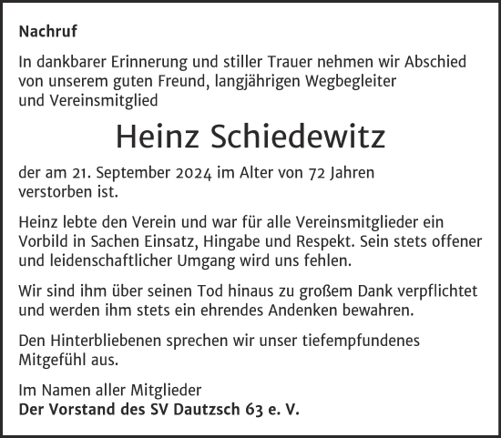 Traueranzeige von Heinz Schiedewitz von Mitteldeutsche Zeitung Halle/Saalkreis