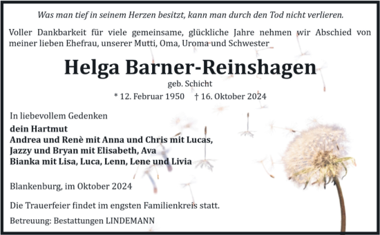 Traueranzeige von Helga Barner-Reinshagen von Volksstimme Wernigerode