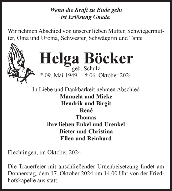 Traueranzeige von Helga Böcker von Volksstimme Haldensleben/Wolmirstedt