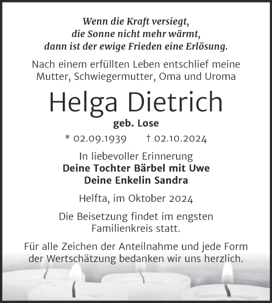Traueranzeige von Helga Dietrich von Trauerkombi Mansfelder Land