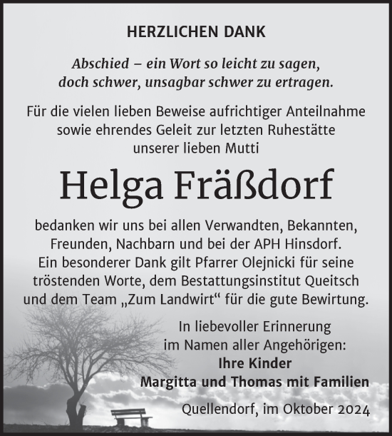 Traueranzeige von Helga Fräßdorf von Trauerkombi Köthen