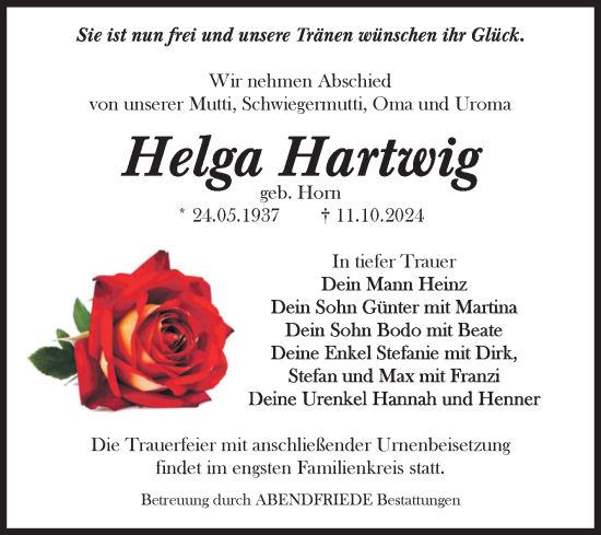 Traueranzeige von Helga Hartwig von Volksstimme Haldensleben/Wolmirstedt