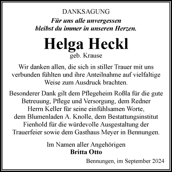 Traueranzeige von Helga Heckl von Trauerkombi Sangerhausen