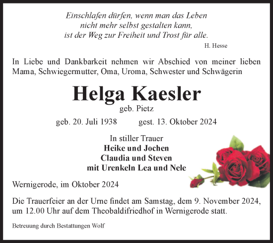 Traueranzeige von Helga Kaesler von Volksstimme Wernigerode