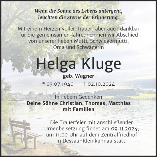 Traueranzeige von Helga Kluge von Trauerkombi Dessau
