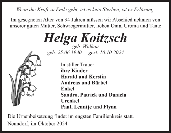Traueranzeige von Helga Koitzsch von Volksstimme Staßfurt