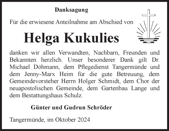 Traueranzeige von Helga Kukulies von Volksstimme Altmark Ost