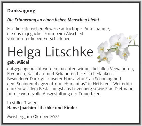 Traueranzeige von Helga Litschke von Trauerkombi Mansfelder Land
