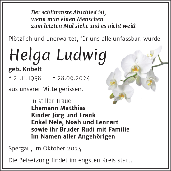 Traueranzeige von Helga Ludwig von Trauerkombi Merseburg