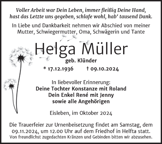 Traueranzeige von Helga Müller von Trauerkombi Mansfelder Land