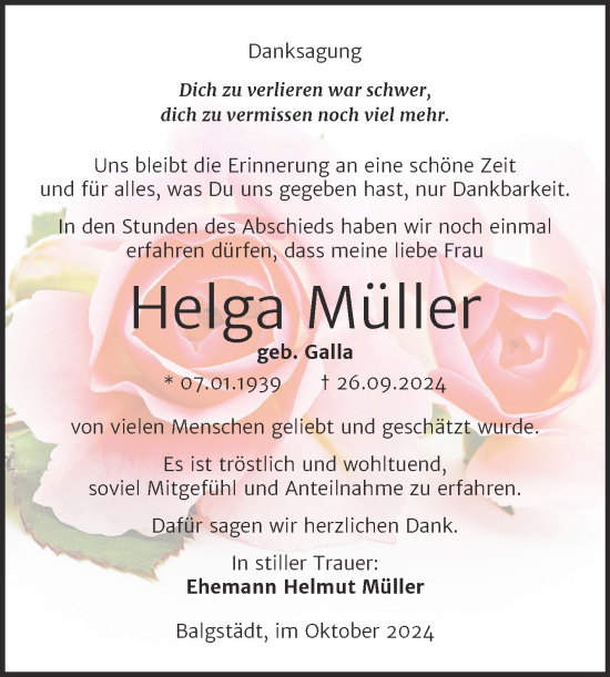 Traueranzeige von Helga Müller von Super Sonntag Naumburg/Nebra