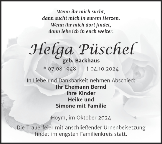 Traueranzeige von Helga Püschel von Trauerkombi Aschersleben