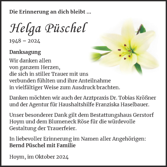 Traueranzeige von Helga Püschel von Trauerkombi Aschersleben