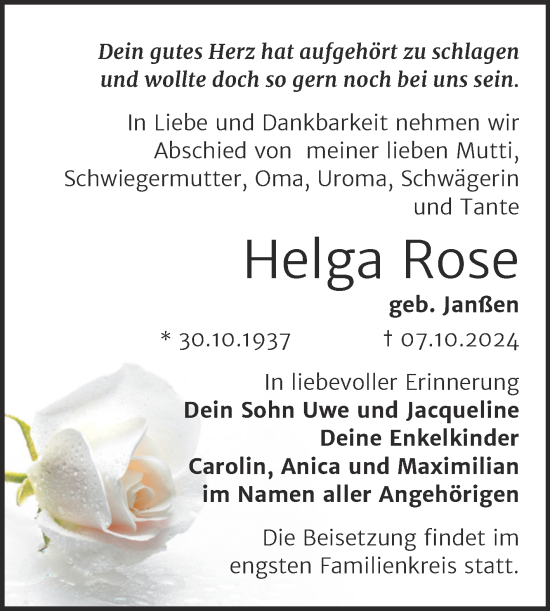 Traueranzeige von Helga Rose von Mitteldeutsche Zeitung Halle/Saalkreis