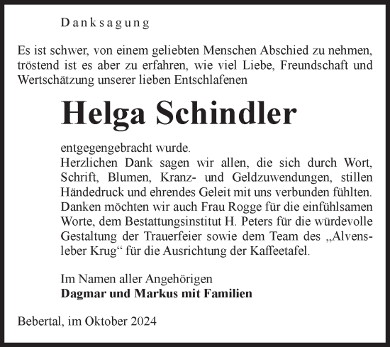 Traueranzeige von Helga Schindler von Volksstimme Haldensleben/Wolmirstedt