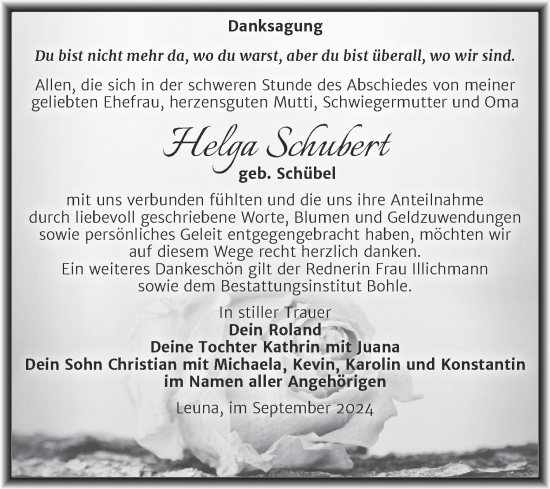 Traueranzeige von Helga Schubert von Trauerkombi Merseburg