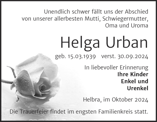 Traueranzeige von Helga Urban von Trauerkombi Mansfelder Land