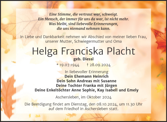 Traueranzeige von Helga Franciska Placht von Trauerkombi Aschersleben