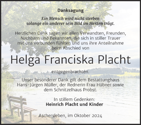 Traueranzeige von Helga Franciska Placht von Trauerkombi Aschersleben