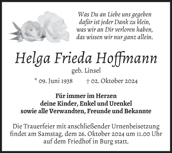 Traueranzeige von Helga Frieda Hoffmann von Volksstimme Burg/Genthin