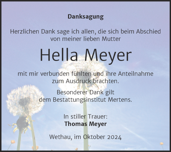 Traueranzeige von Hella Meyer von Naumburger Tageblatt