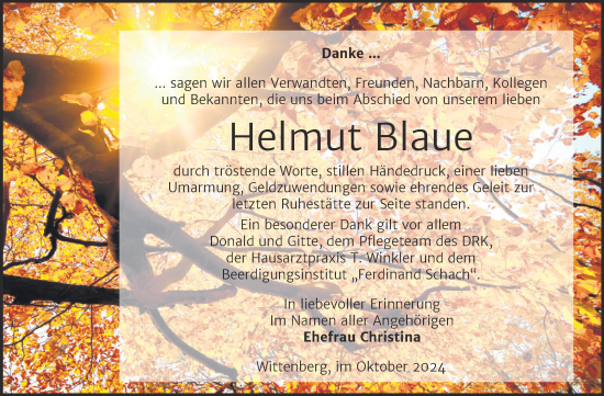 Traueranzeige von Helmut Blaue von Trauerkombi Wittenberg