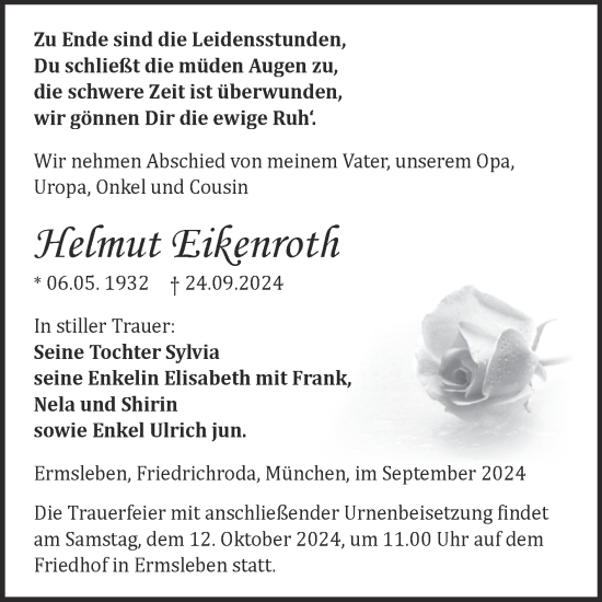 Traueranzeige von Helmut Eikenroth von Trauerkombi Quedlinburg