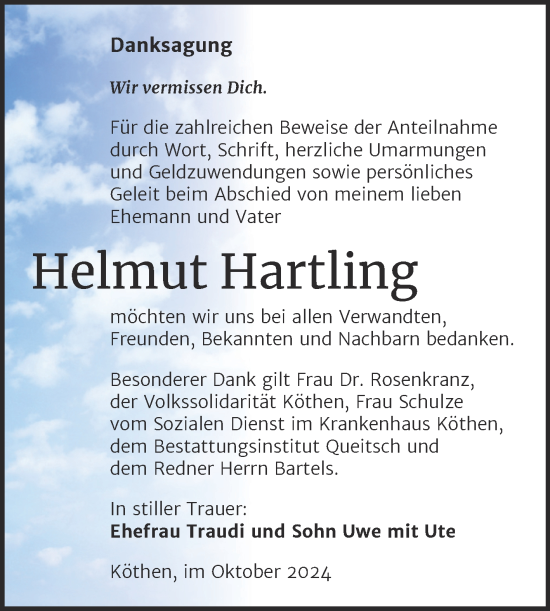 Traueranzeige von Helmut Hartling von Trauerkombi Köthen