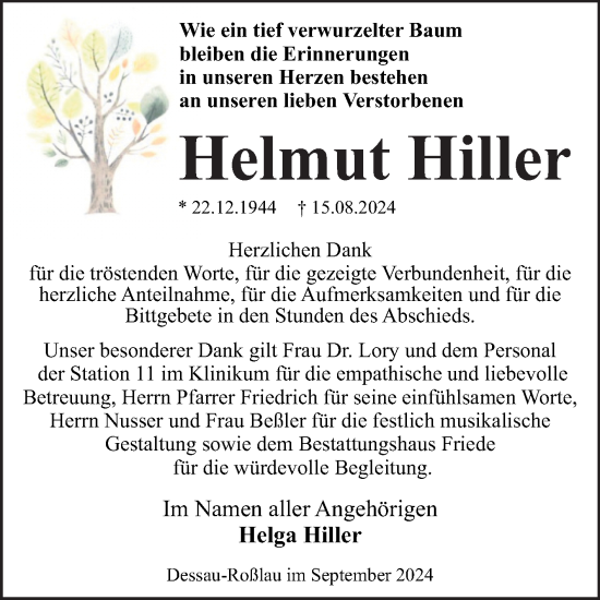 Traueranzeige von Helmut Hiller von Trauerkombi Dessau