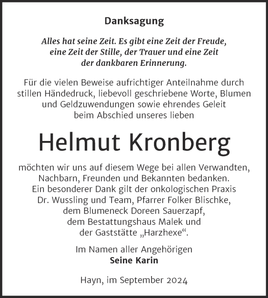Traueranzeige von Helmut Kronberg von Trauerkombi Sangerhausen