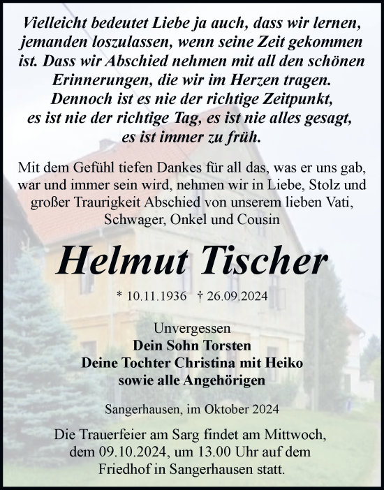 Traueranzeige von Helmut Tischer von Trauerkombi Sangerhausen
