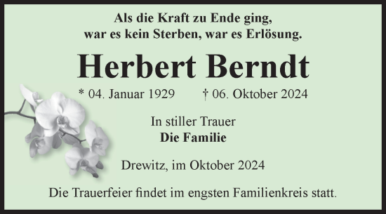 Traueranzeige von Herbert Berndt von Volksstimme Burg/Genthin